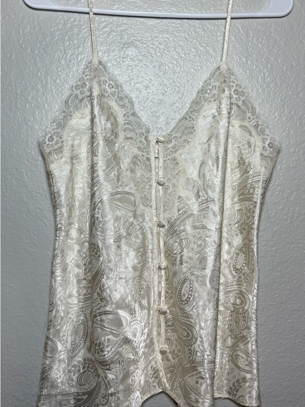 Erika Taylor Intimates Satin Paisley Lace Cami Button Front Sleeveless Ivory M